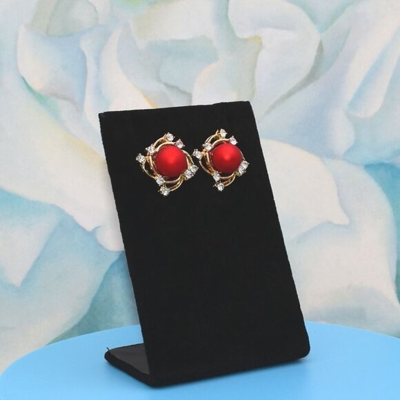 Vienna Swirl Persimmon Red Orange Pearl Crystal Accent Earrings Gift Packaged - Picture 3 of 11